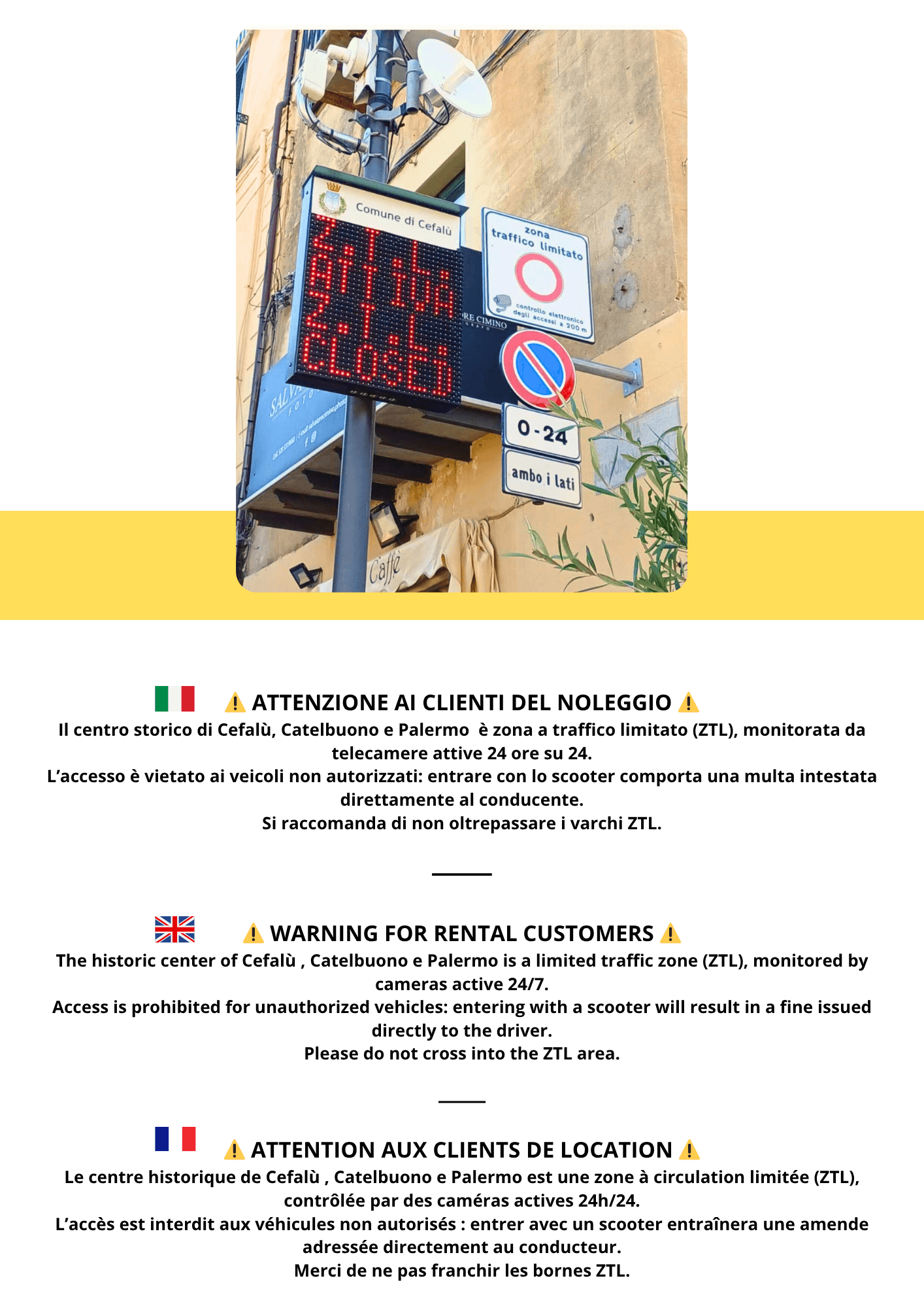 Cefalù ZTL infographic: access prohibited for unauthorised vehicles, cameras active 24/7